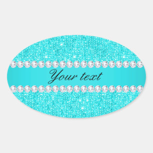 Personalised Turquoise Sequins and Diamonds Oval Sticker