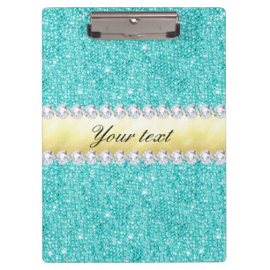 Personalised Turquoise Sequins Gold Diamonds Clipboard