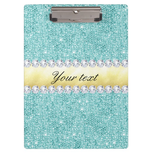 Personalised Turquoise Sequins Gold Diamonds Clipboard (Front)