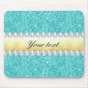 Personalised Turquoise Sequins Gold Diamonds Mouse Mat