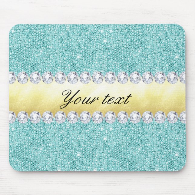 Personalised Turquoise Sequins Gold Diamonds Mouse Mat (Front)