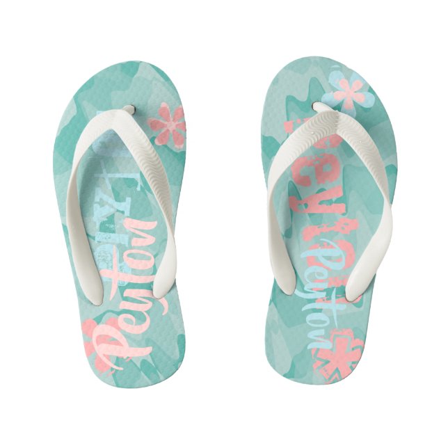 Personalised Turquoise Shock Wave Camouflage Kid's Flip Flops (Footbed)