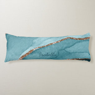 Personalised Turquoise Teal Gold Marble Agate Body Cushion