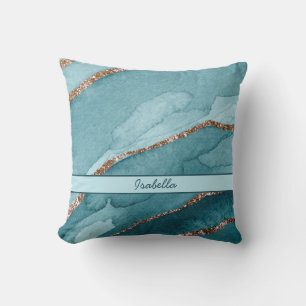 Personalised Turquoise Teal Gold Marble Agate Cushion