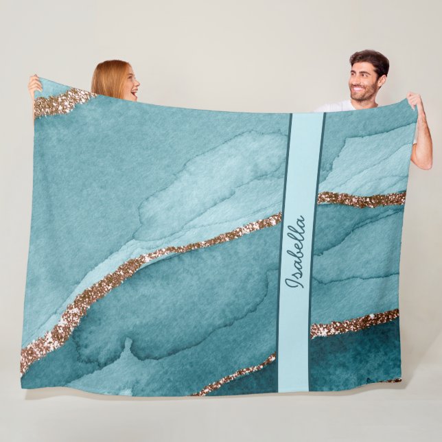 Personalised Turquoise Teal Gold Marble Agate Flee Fleece Blanket (In Situ)