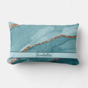 Personalised Turquoise Teal Gold Marble Agate Lumbar Cushion