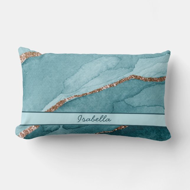 Personalised Turquoise Teal Gold Marble Agate Lumbar Cushion (Front)