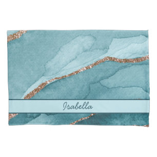 Personalised Turquoise Teal Gold Marble Agate Pillowcase