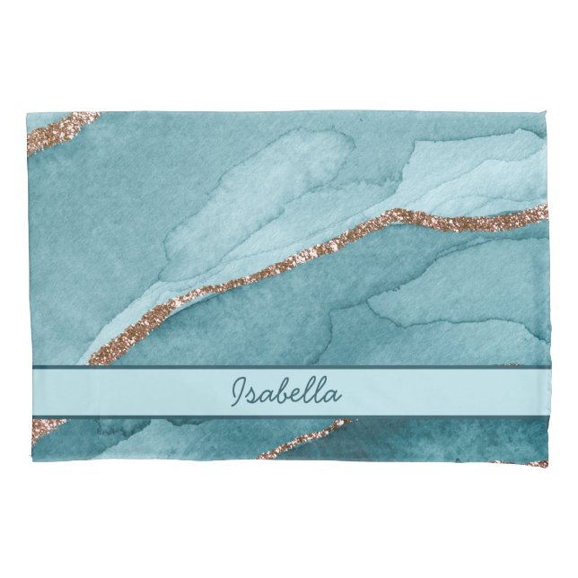 Personalised Turquoise Teal Gold Marble Agate Pillowcase (Front)
