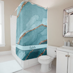 Personalised Turquoise Teal Gold Marble Agate Shower Curtain