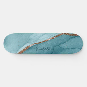 Personalised Turquoise Teal Gold Marble Agate Skateboard