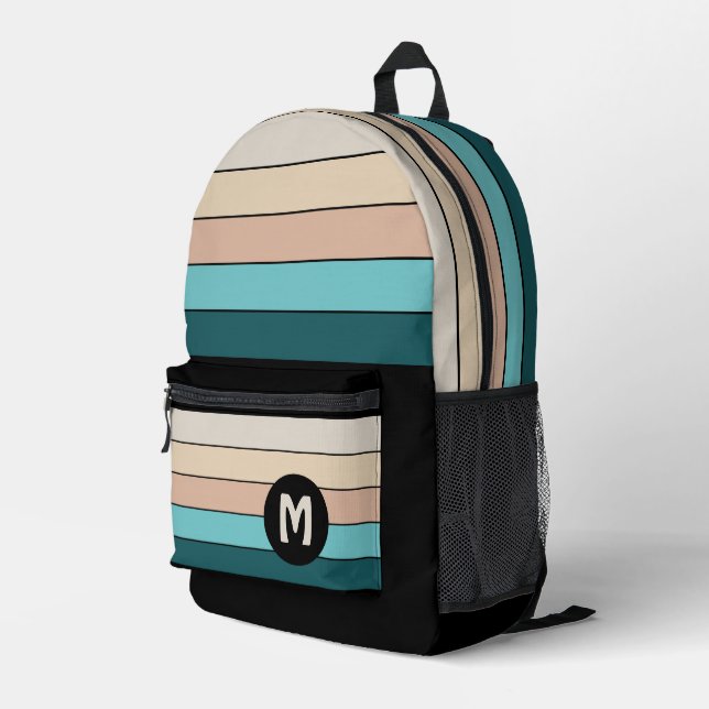 Personalised Turquoise Teal Green Black Stripes Printed Backpack (Back Corner Right)