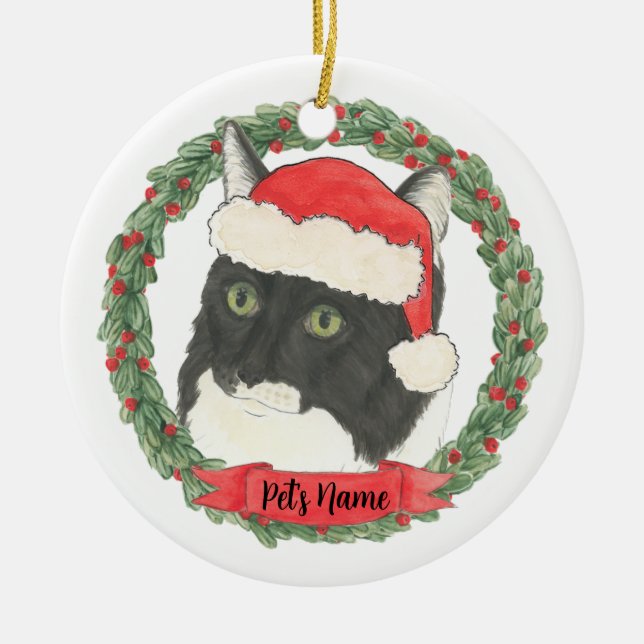 Personalised Tuxedo Ragamuffin Cat Ceramic Tree Decoration (Front)