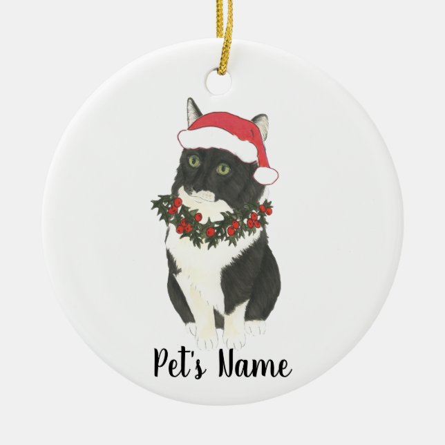 Personalised Tuxedo Ragamuffin Cat Ceramic Tree Decoration (Front)