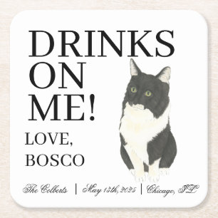 Personalised Tuxedo Ragamuffin Cat Wedding Square Paper Coaster