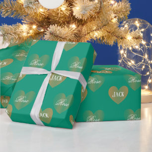 Personalised Twice Golden Hearts, Emerald Green Wrapping Paper