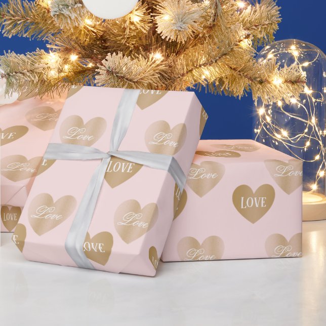 Personalised Twice Golden Hearts, Misty Rose Wrapping Paper (Holidays)