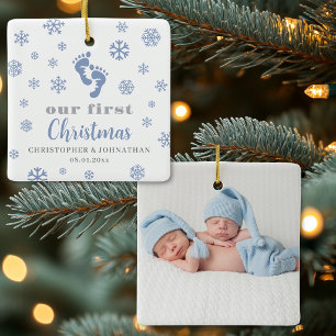 Personalised Twin Baby Boys First Christmas Photo Ceramic Ornament