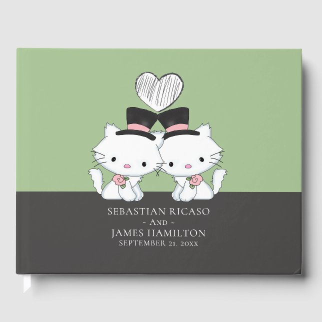 Personalised Two Groom Cat Themed Gay Wedding Guest Book (Front)