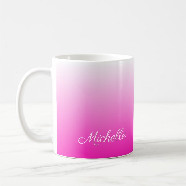 Personalised two-tone gradient ombre hot pink coffee mug (Left)