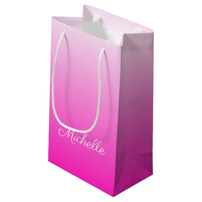Personalised two-tone gradient ombre hot pink small gift bag (Back Angled)