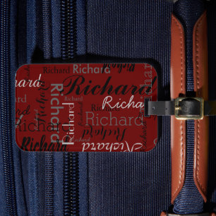 Personalised typography pattern dark-red luggage tag