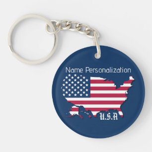 Personalised U.S.A. Flag and Map Navy Blue White Key Ring