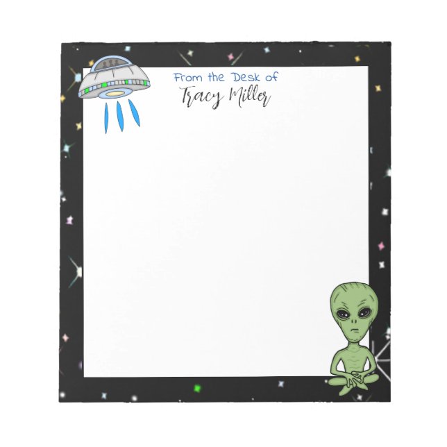 Personalised UFO and Alien on Starry Night Notepad (Front)