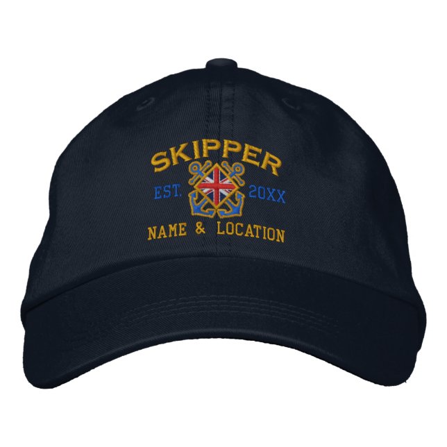 Personalised UK Flag Skipper Nautical Embroidered Hat (Front)
