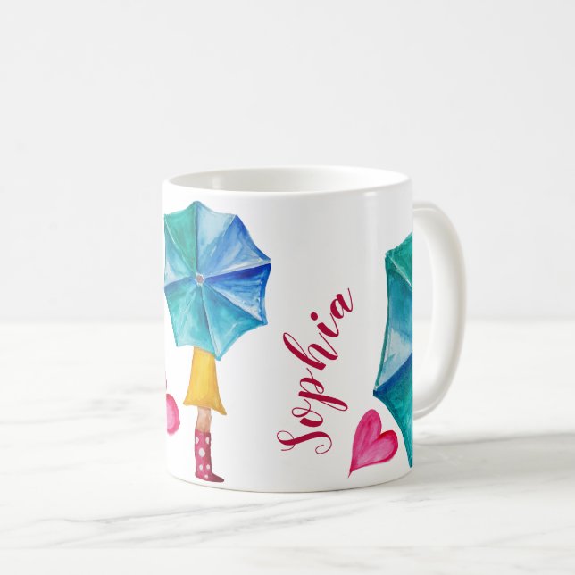 Personalised Umbrella Girl Watercolor Art Coffee Mug (Front Right)