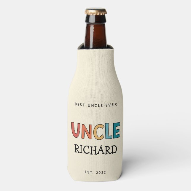 Personalised Uncle Retro Gift Best Uncle Ever Cute Bottle Cooler (Bottle Front)