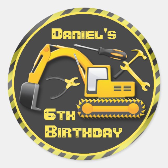 Personalised Under Construction Birthday Party Classic Round Sticker (Front)