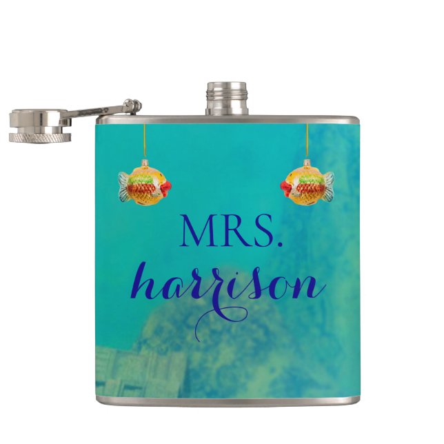 Personalised Underwater Ocean Scene w/ Faux Fish Hip Flask (Opened)