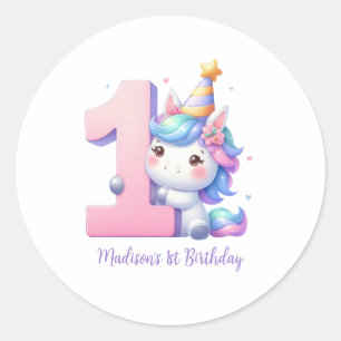 Personalised Unicorn 1st First Girls Birthday Classic Round Sticker