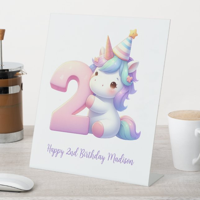 Personalised Unicorn 2nd Second Girls Birthday  Pedestal Sign (In SItu)