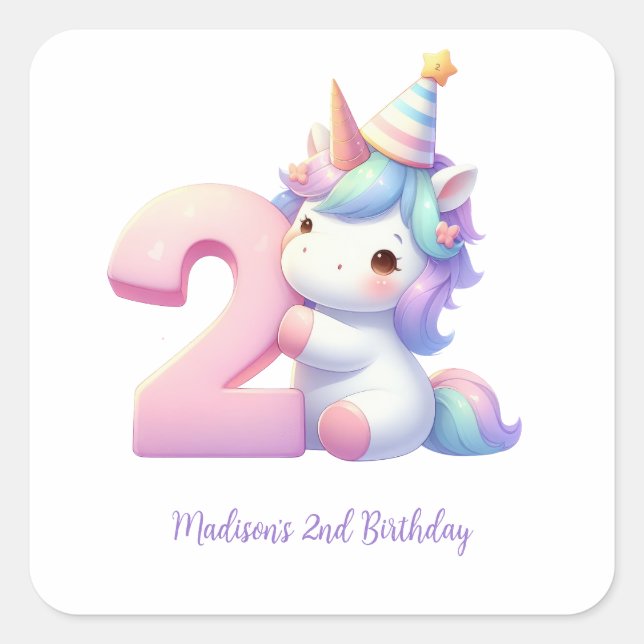 Personalised Unicorn 2nd Second Girls Birthday  Square Sticker (Front)