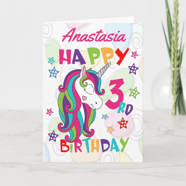 Personalised Unicorn 3rd Birthday Card (Front)