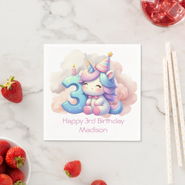 Personalised Unicorn 3rd Third Girls Birthday  Napkin (Insitu)