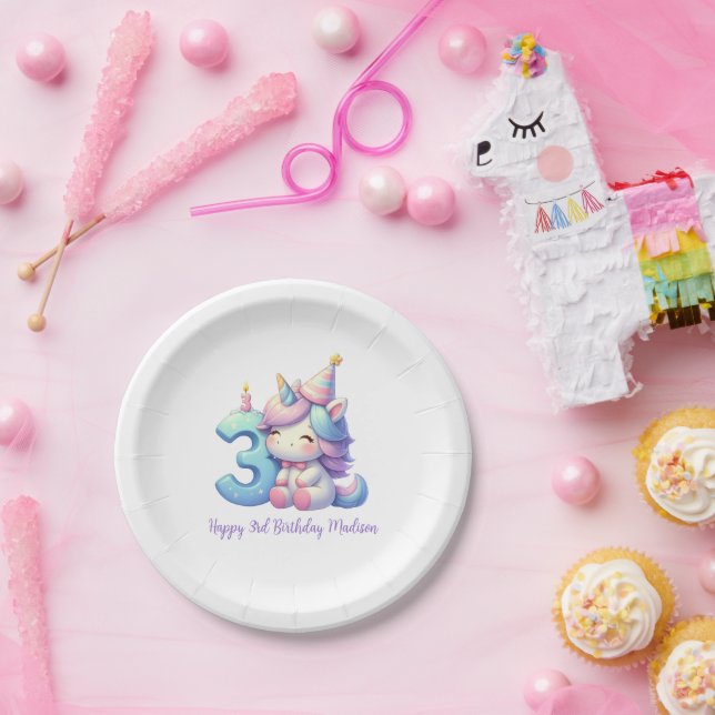 Personalised Unicorn 3rd Third Girls Birthday Paper Plate (Party)