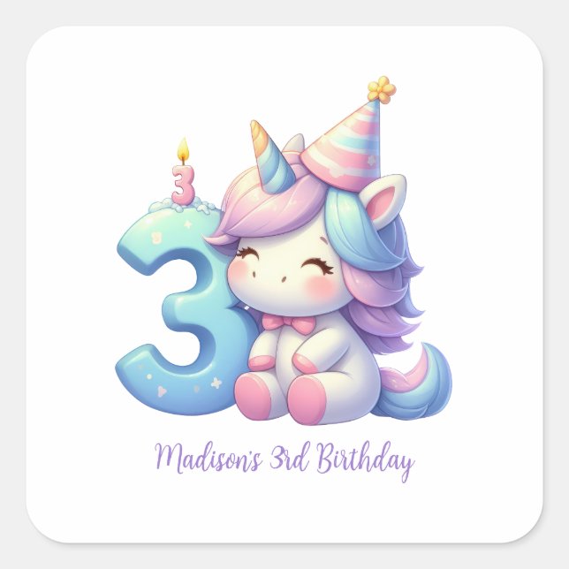 Personalised Unicorn 3rd Third Girls Birthday  Square Sticker (Front)