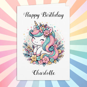Personalised Unicorn and Flowers Girl's Birthday Card