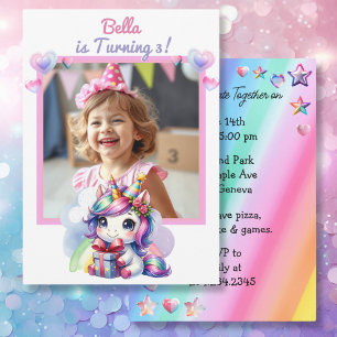 Personalised Unicorn and Photo Girl's Birthday Invitation