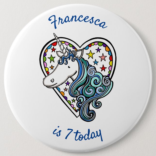 Personalised Unicorn Birthday Age Button Badge (Front)