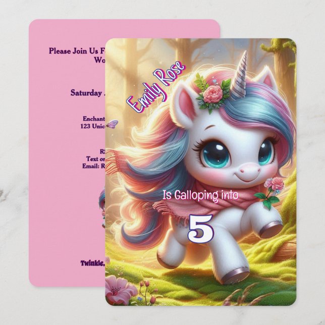 Personalised Unicorn Birthday Invitations  (Front/Back)