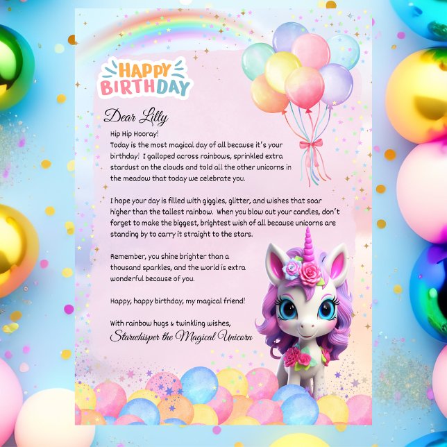 Personalised Unicorn Birthday Letter Magical Note Invitation (Magical Pastel Rainbow Unicorn Birthday Letter — Cute Whimsical Gift Note)