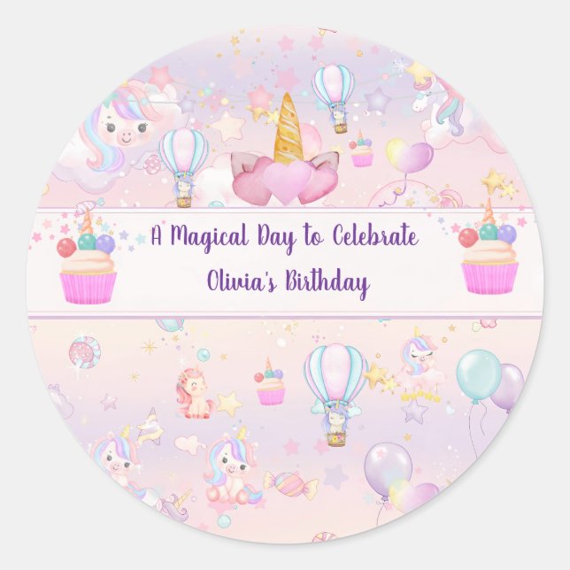 Personalised Unicorn Birthday Party Stickers  (Front)