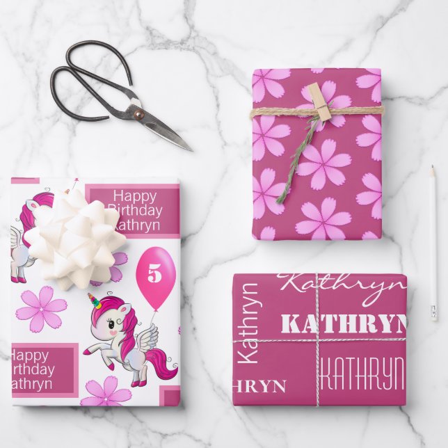 Personalised Unicorn Birthday Wrapping Paper Sheet (Front)