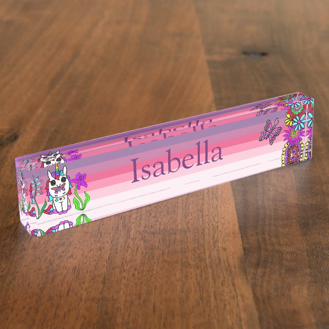 Personalised Unicorn, Butterfly and Flowers Nameplate (Side)