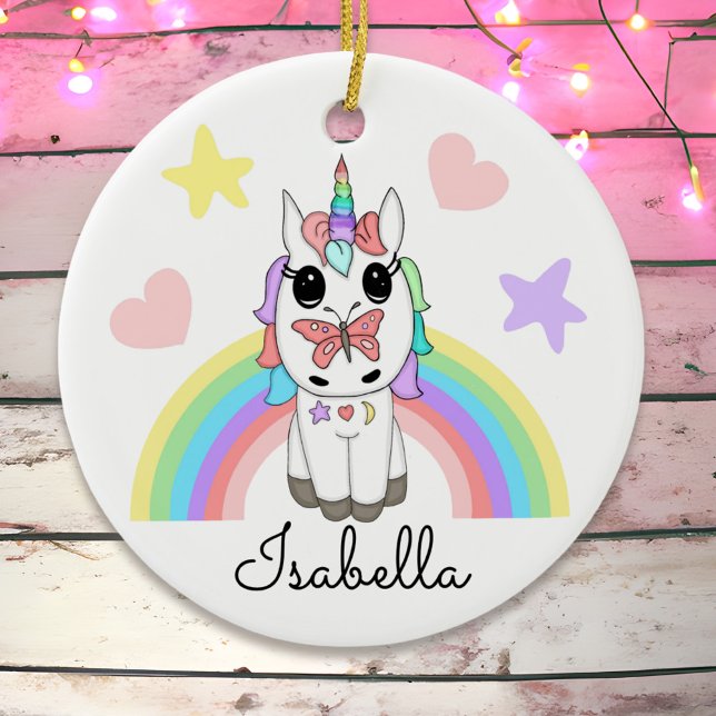 Personalised Unicorn, Butterfly and Rainbow Ceramic Tree Decoration (Creator Uploaded)