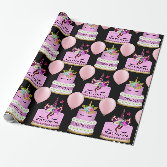 Personalised Unicorn Cakes Wrapping Paper (Unrolled)